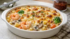 캔 그라탱 소스로 끝: 마카로니·감자·새우 치즈 그라탱, 오븐에 10분