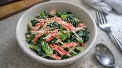 전자레인지 3분 반찬: 고마쓰나 카니카마 참깨마요 무침, 달콤고소하게