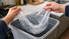 큰 쓰레기통에 쓰레기봉투 한 번에 끼우는 3초 꿀팁, 공기 넣고 툭